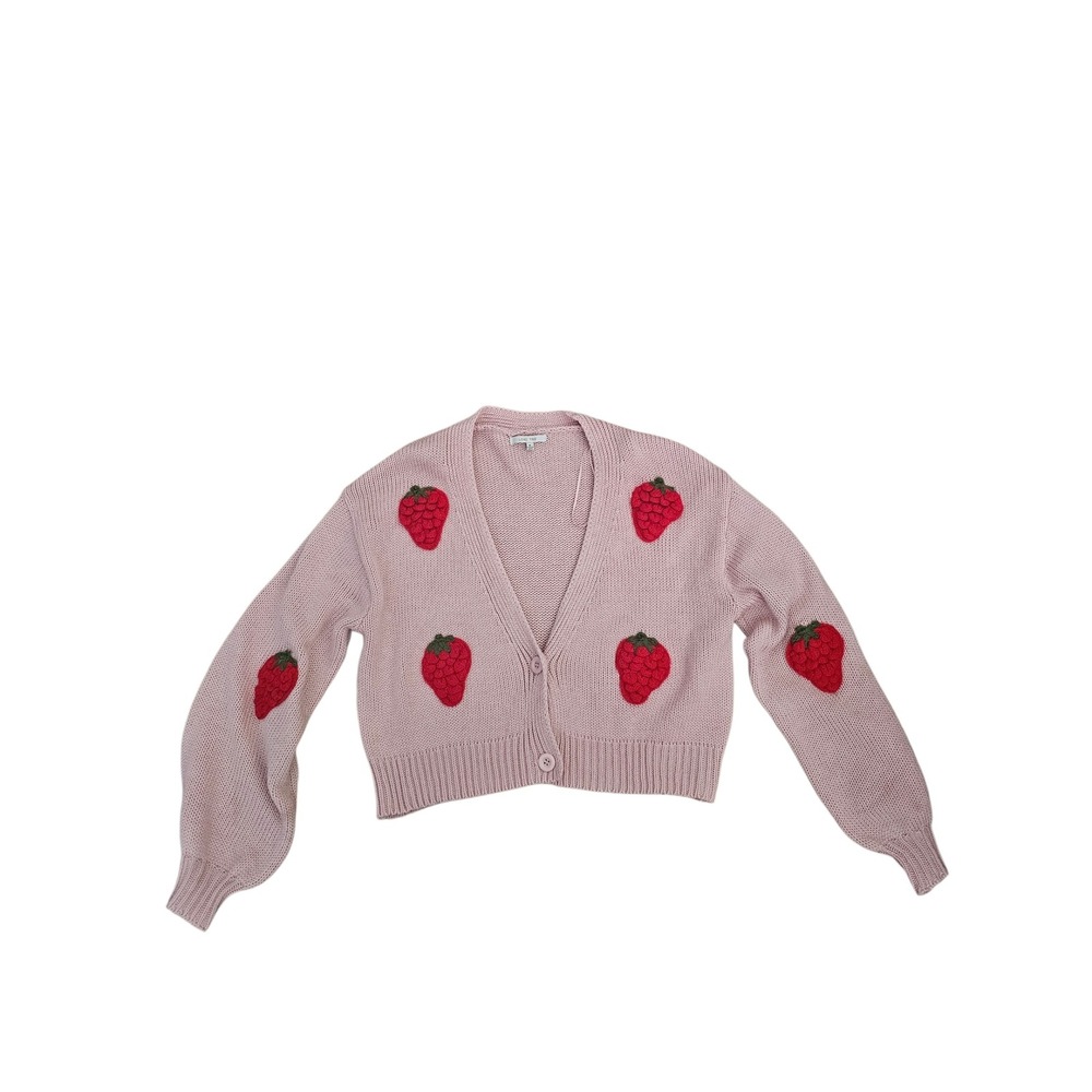 Love Tree Pink Strawberry Patch Cropped Cardigan Sweater M whimsical cottage